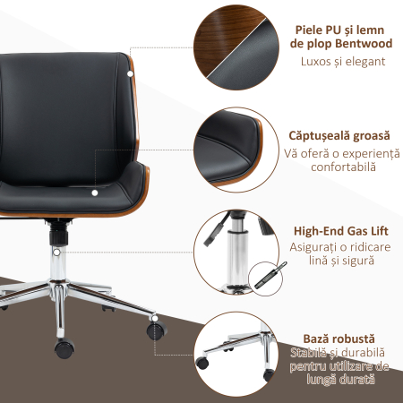  Scaun de Birou Vintage Tapitat, din Piele Ecologica, Lemn si Otel, 53x60x86-96 cm, Negru si Maro inchis [7]