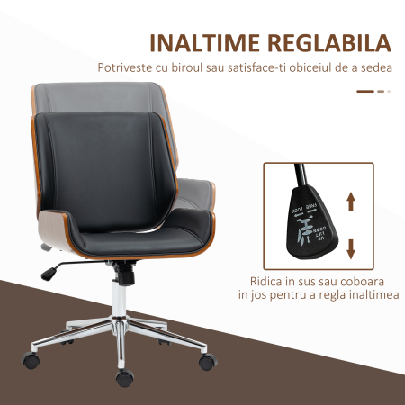  Scaun de Birou Vintage Tapitat, din Piele Ecologica, Lemn si Otel, 53x60x86-96 cm, Negru si Maro inchis [3]