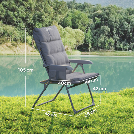  Scaun de Camping Pliabil cu Spatar inalt Reglabil in 5 Pozitii si Buzunare Laterale, 66x58x105 cm, Gri Deschis [2]