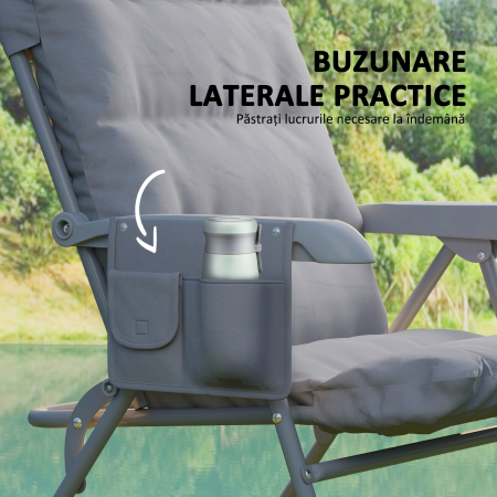  Scaun de Camping Pliabil cu Spatar inalt Reglabil in 5 Pozitii si Buzunare Laterale, 66x58x105 cm, Gri Deschis [6]