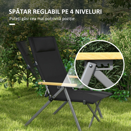  Scaun de Camping Pliabil cu Spatar Reglabil, Negru [3]
