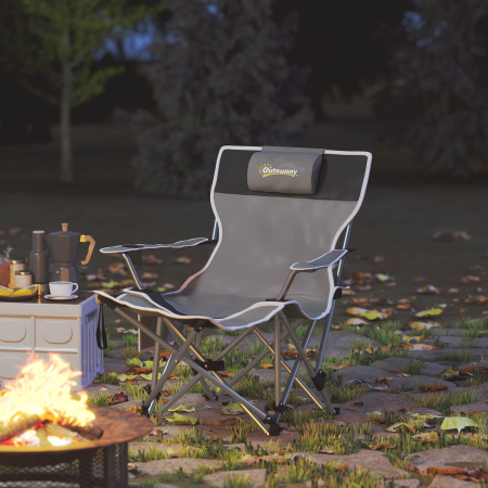  Scaun de Camping Pliabil si Rabatabil cu Suport pentru Picioare Detasabil si Tetiera, 82x50/100x88 cm, Negru [8]
