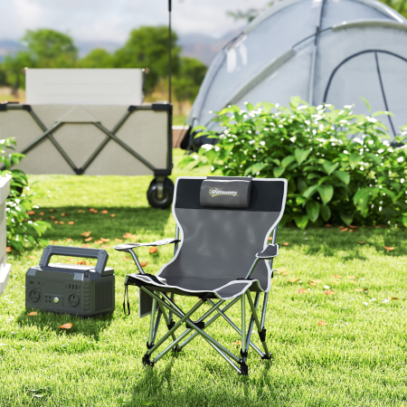  Scaun de Camping Pliabil si Rabatabil cu Suport pentru Picioare Detasabil si Tetiera, 82x50/100x88 cm, Negru [1]