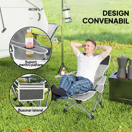  Scaun de Camping Pliabil si Rabatabil cu Suport pentru Picioare Detasabil si Tetiera, 82x50/100x88 cm, Negru [4]