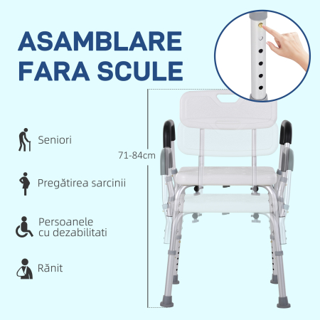  Scaun de Dus cu Spatar, Brate, inaltime Reglabila si Picioare Antiderapante, 51,5x51,5x71-84 cm, Alb [5]