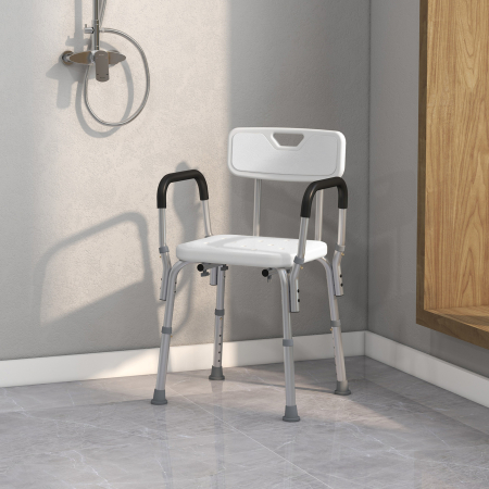  Scaun de Dus cu Spatar, Brate, inaltime Reglabila si Picioare Antiderapante, 51,5x51,5x71-84 cm, Alb [1]