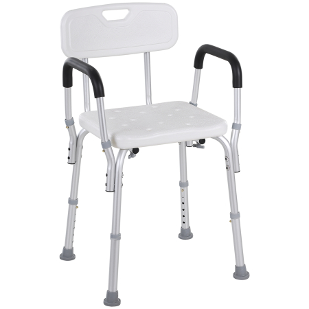 Baie -  Scaun de Dus cu Spatar, Brate, inaltime Reglabila si Picioare Antiderapante, 51,5x51,5x71-84 cm, Alb