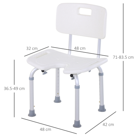  Scaun de Dus Reglabil pe 8 Nivele cu Orificii de Drenaj si sezut in Forma de U, 48x42x71-83,5 cm, Alb [2]