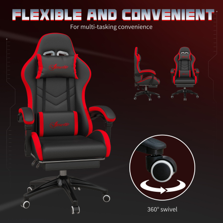  Scaun de Gaming cu inaltime Reglabila si Spatar Rabatabil, 65x65x121-129 cm, Negru si Rosu [5]