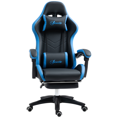 Mobila birou -  Scaun de gaming din piele ecologica PU si otel cu inaltime reglabila si spatar inclinabil, 65x65x121-129 cm, albastru si negru