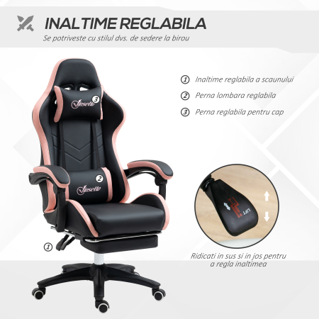  Scaun de gaming din piele ecologica PU si otel pentru dormitor sau camera de zi cu inaltime reglabila si spatar inclinabil, 65x65x121-129 cm, roz si negru [3]