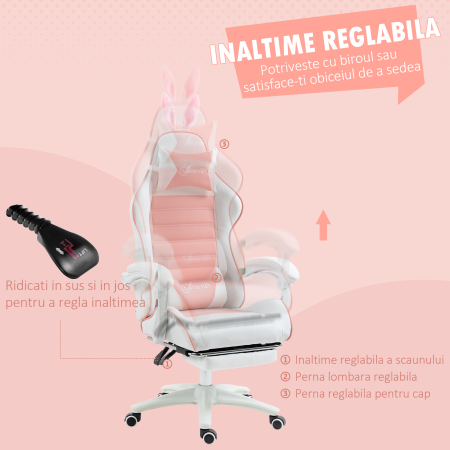  Scaun de Gaming Ergonomic cu Urechi de Iepure si Suport pentru Picioare Extensibil, 65x63x136-142 cm, Roz [4]