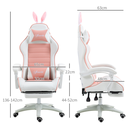  Scaun de Gaming Ergonomic cu Urechi de Iepure si Suport pentru Picioare Extensibil, 65x63x136-142 cm, Roz [2]