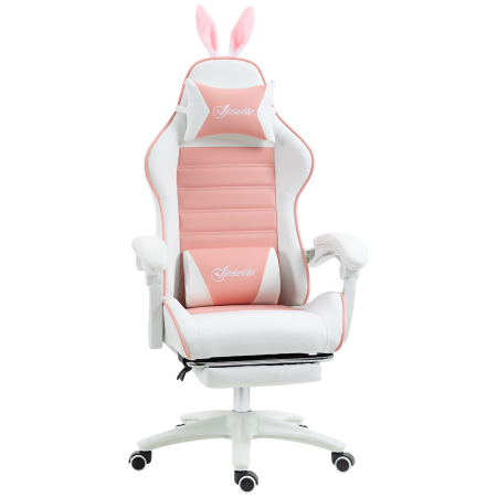 Mobila birou -  Scaun de Gaming Ergonomic cu Urechi de Iepure si Suport pentru Picioare Extensibil, 65x63x136-142 cm, Roz