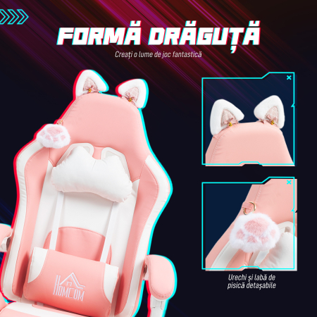  Scaun de Gaming Ergonomic cu Urechi de Pisica, Suport pentru Picioare, Suport Lombar si pentru Gat, Roz [3]