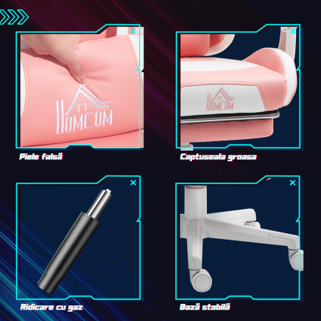  Scaun de Gaming Ergonomic cu Urechi de Pisica, Suport pentru Picioare, Suport Lombar si pentru Gat, Roz [7]