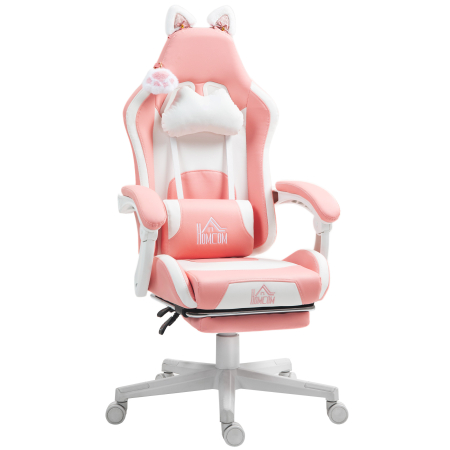 Mobila birou -  Scaun de Gaming Ergonomic cu Urechi de Pisica, Suport pentru Picioare, Suport Lombar si pentru Gat, Roz