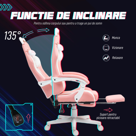  Scaun de Gaming Ergonomic cu Urechi de Pisica, Suport pentru Picioare, Suport Lombar si pentru Gat, Roz [5]