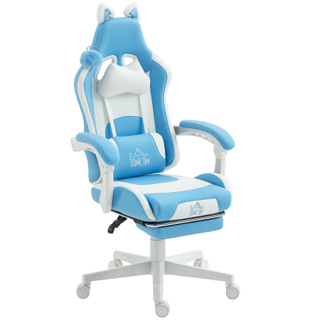 Mobila birou -  Scaun de gaming reclinabil cu suport pentru picioare si perne, 65x62x124 cm, alb si albastru