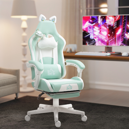 Scaun de Gaming Reclinabil  cu Suport pentru Picioare si Perne, din Piele Artificiala si Spuma, 65x62x116-124 cm, Albastru si Alb [1]