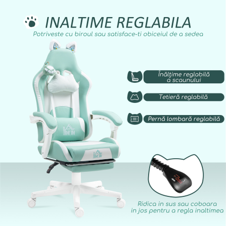 Scaun de Gaming Reclinabil  cu Suport pentru Picioare si Perne, din Piele Artificiala si Spuma, 65x62x116-124 cm, Albastru si Alb [4]
