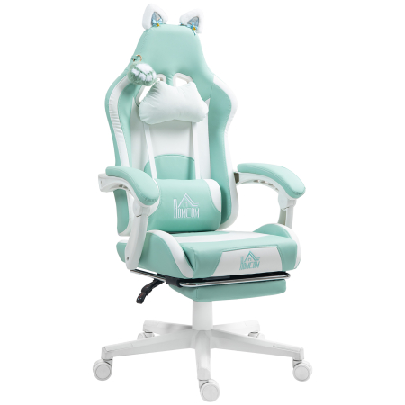 Mobila birou - Scaun de Gaming Reclinabil  cu Suport pentru Picioare si Perne, din Piele Artificiala si Spuma, 65x62x116-124 cm, Albastru si Alb