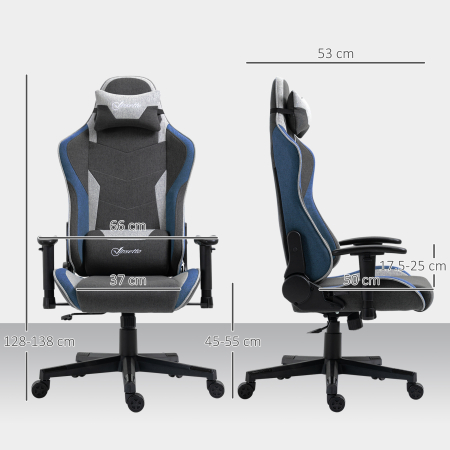  Scaun de Gaming Reclinabil la 150° cu Functie de Leganare, din tesatura cu Aspect de In, 66x53x128-138 cm, Gri [2]
