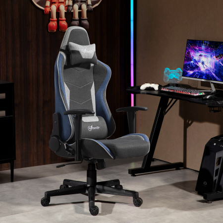  Scaun de Gaming Reclinabil la 150° cu Functie de Leganare, din tesatura cu Aspect de In, 66x53x128-138 cm, Gri [1]