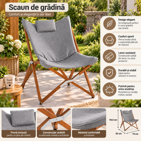 Scaun de gradina din lemn cu perna moale inclusa pentru confort sporit, cu sezut spatios si spatar pentru relaxare in aer liber, finisaj protector pen [3]