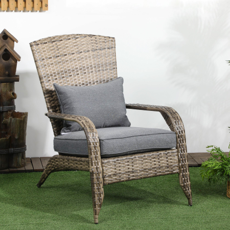  Scaun de Gradina din Ratan, Scaun de Exterior cu Cotiere, Perne si Spatar inalt Curbat, 64x80x90 cm, Gri [1]