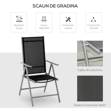  Scaun de Gradina Pliabil cu Spatar Reglabil din Aluminiu, Negru 65x55x107cm [3]