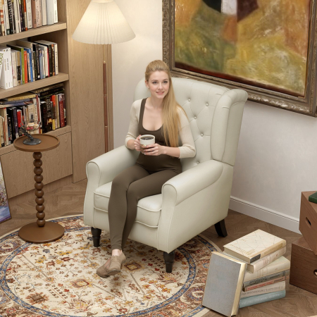  Scaun Decorativ Tapitat - Alb Crem, Cu Spatar inalt & Cotiere Moi [8]