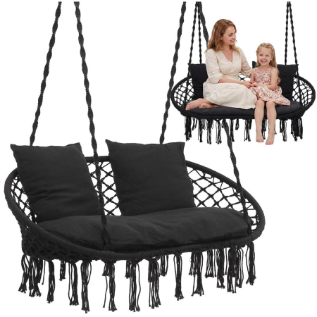 Scaun dublu tip leagan suspendat pentru casa sau gradina, cu perne, stil boho, 128x66x124 cm, maxim 300 kg, negru [3]