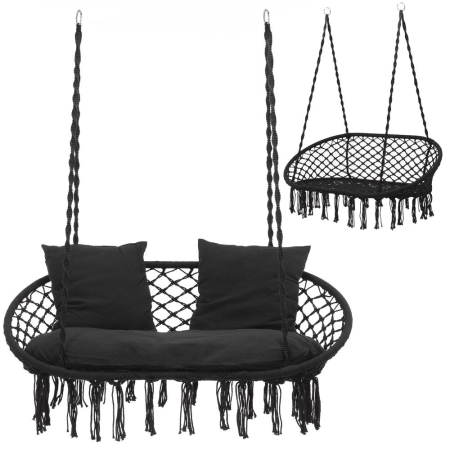 Scaun dublu tip leagan suspendat pentru casa sau gradina, cu perne, stil boho, 128x66x124 cm, maxim 300 kg, negru [1]