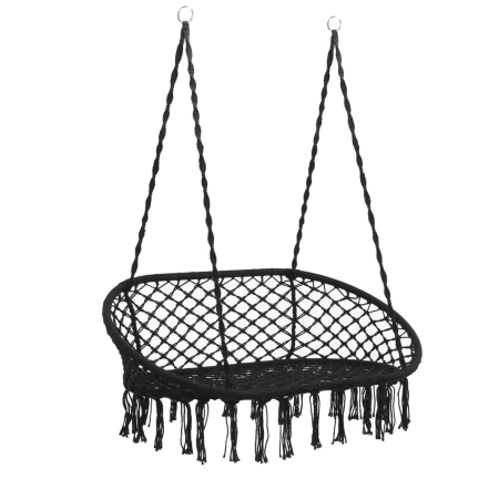 Scaun dublu tip leagan suspendat pentru casa sau gradina, cu perne, stil boho, 128x66x124 cm, maxim 300 kg, negru [15]