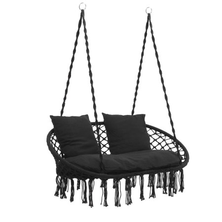 Scaun dublu tip leagan suspendat pentru casa sau gradina, cu perne, stil boho, 128x66x124 cm, maxim 300 kg, negru [14]