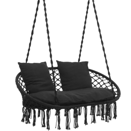 Gradina & balcon - Scaun dublu tip leagan suspendat pentru casa sau gradina, cu perne, stil boho, 128x66x124 cm, maxim 300 kg, negru