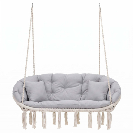 Scaun dublu tip leagan suspendat pentru casa sau gradina, cu perne, stil boho, 130x66x120 cm, maxim 300 kg, crem si gri [5]