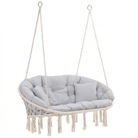 Gradina & balcon - Scaun dublu tip leagan suspendat pentru casa sau gradina, cu perne, stil boho, 130x66x120 cm, maxim 300 kg, crem si gri