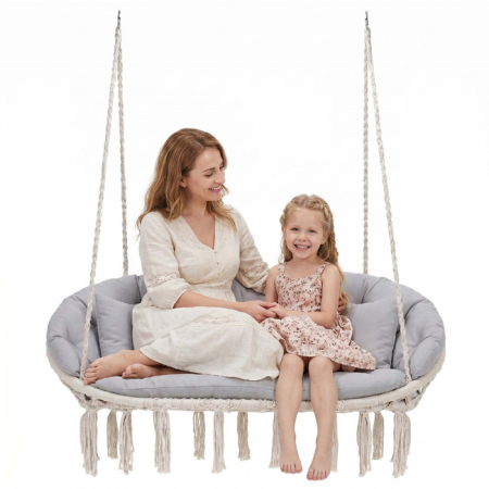 Scaun dublu tip leagan suspendat pentru casa sau gradina, cu perne, stil boho, 130x66x120 cm, maxim 300 kg, crem si gri [4]