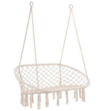 Scaun dublu tip leagan suspendat pentru casa sau gradina, cu perne, stil boho, 130x66x120 cm, maxim 300 kg, crem si gri [13]
