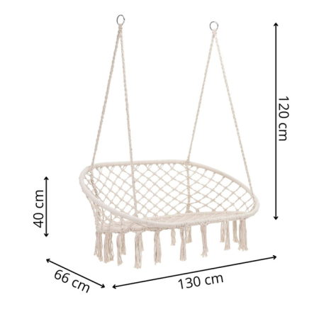 Scaun dublu tip leagan suspendat pentru casa sau gradina, cu perne, stil boho, 130x66x120 cm, maxim 300 kg, crem si gri [14]