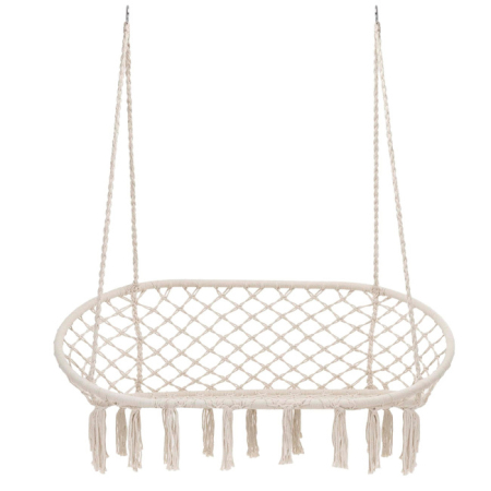 Scaun dublu tip leagan suspendat pentru casa sau gradina, cu perne, stil boho, 130x66x120 cm, maxim 300 kg, crem si gri [6]