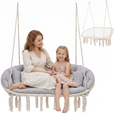 Scaun dublu tip leagan suspendat pentru casa sau gradina, cu perne, stil boho, 130x66x120 cm, maxim 300 kg, crem si gri [1]
