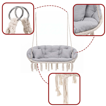Scaun dublu tip leagan suspendat pentru casa sau gradina, cu perne, stil boho, 130x66x120 cm, maxim 300 kg, crem si gri [3]