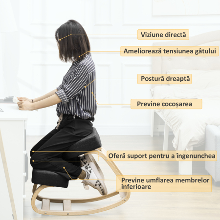  Scaun Ergonomic cu Suport Genunchi - Lemn Mesteacan, Negru [4]