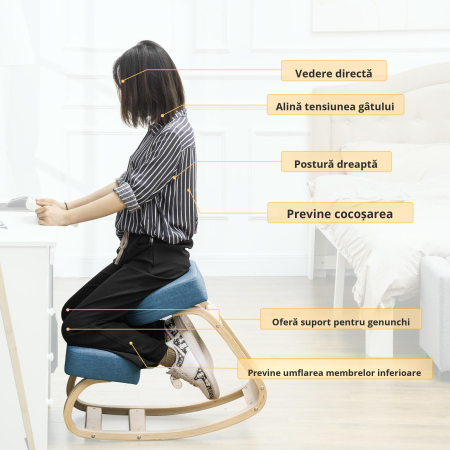  Scaun Ergonomic cu Suport pentru Genunchi din Lemn de Mesteacan, 51x69x58 cm, Albastru [3]