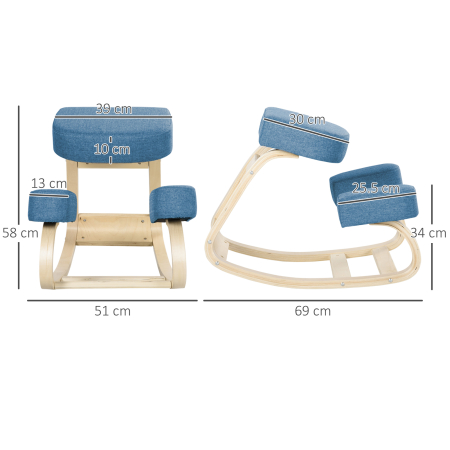  Scaun Ergonomic cu Suport pentru Genunchi din Lemn de Mesteacan, 51x69x58 cm, Albastru [2]