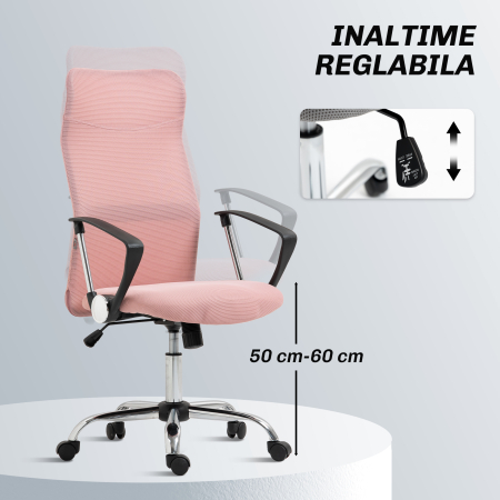 Scaun Ergonomic de Birou  Pivotant, inaltime Ajustabila si Spatar din Material Textil, 63x65x109-119 cm, Roz [3]