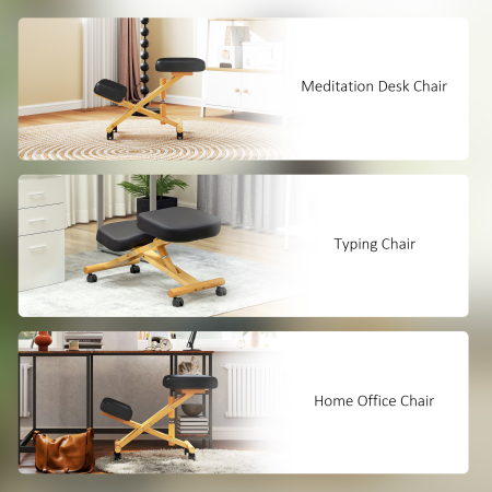  Scaun Ergonomic pentru Genunchi cu inaltime Reglabila din Lemn cu Rotile, 42x70x42-52 cm, Negru [7]